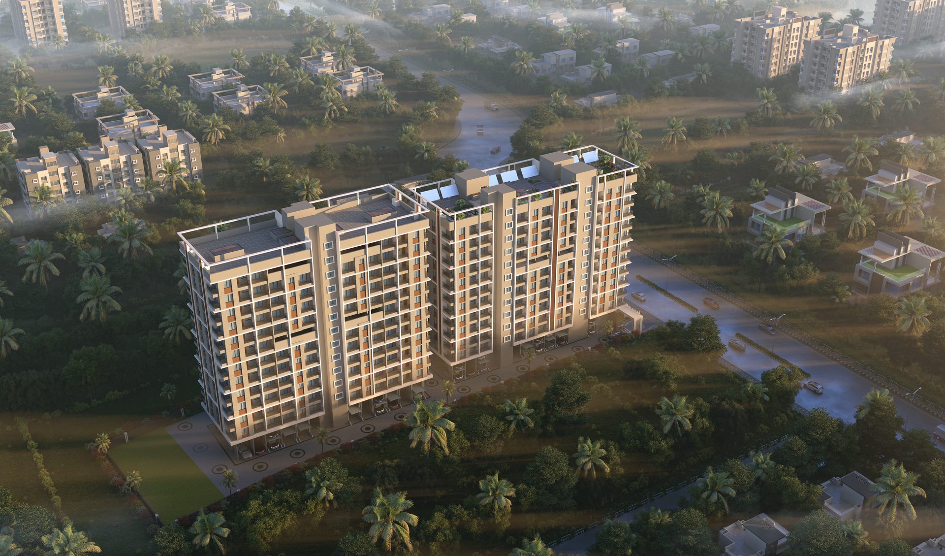 Aerial view from the rear of the towers