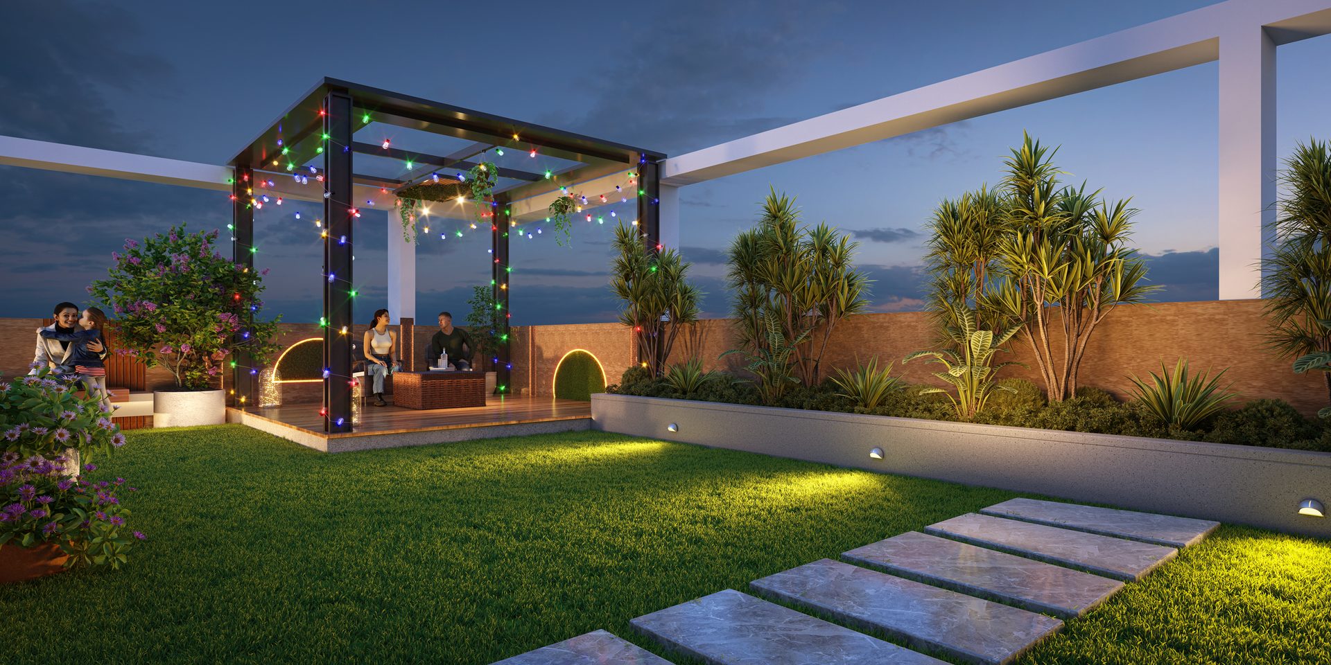 Evening lounge and pergola lawn at Aurum Abir
